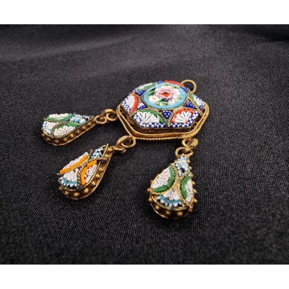 Antique 1920s Made In Italy Micro Mosaic Pendant With Floral Hexagon Design - Picture 5 of 6